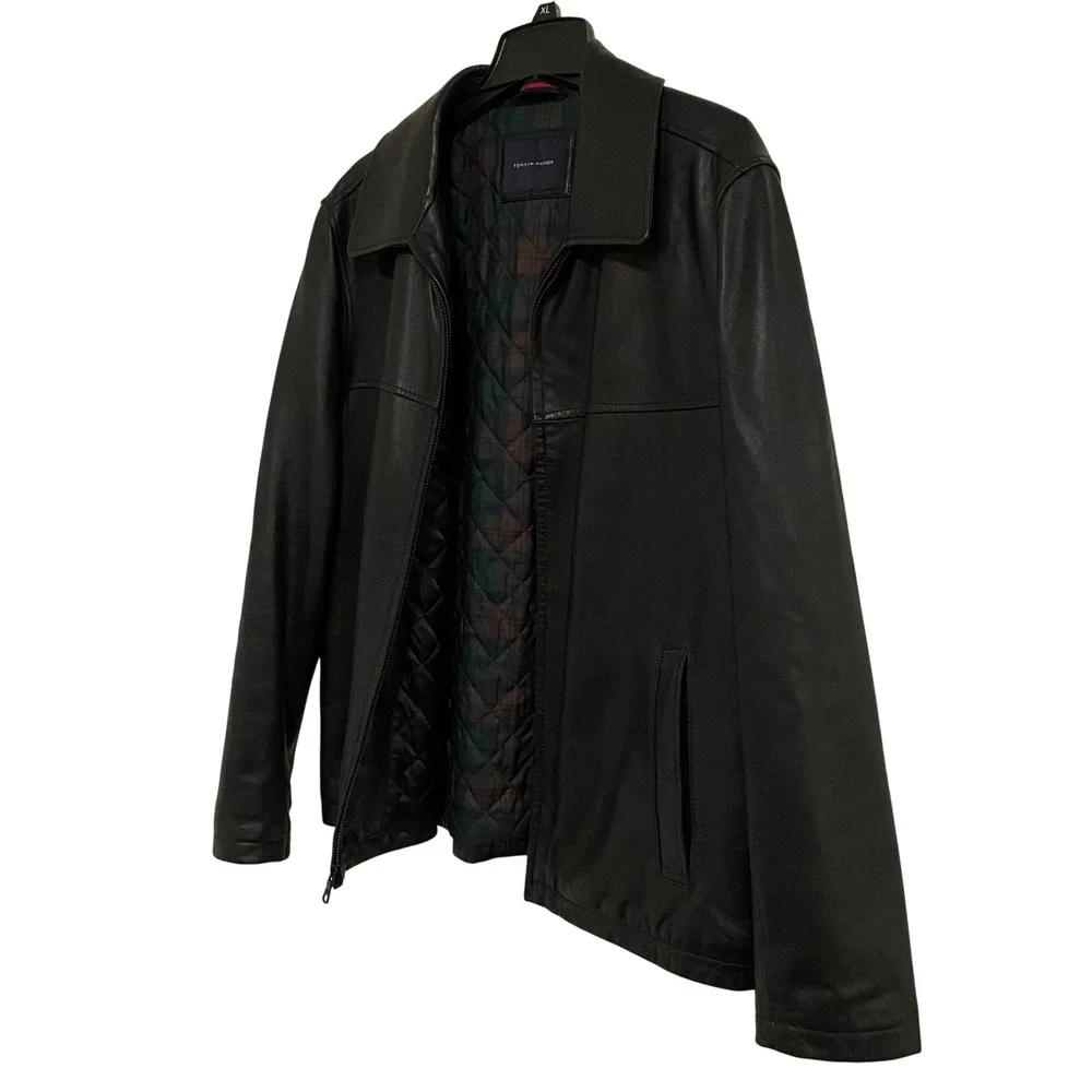 Tommy Hilfiger Leather Jacket Mens XL Black Bomber Preppy Quilted Plaid Lined